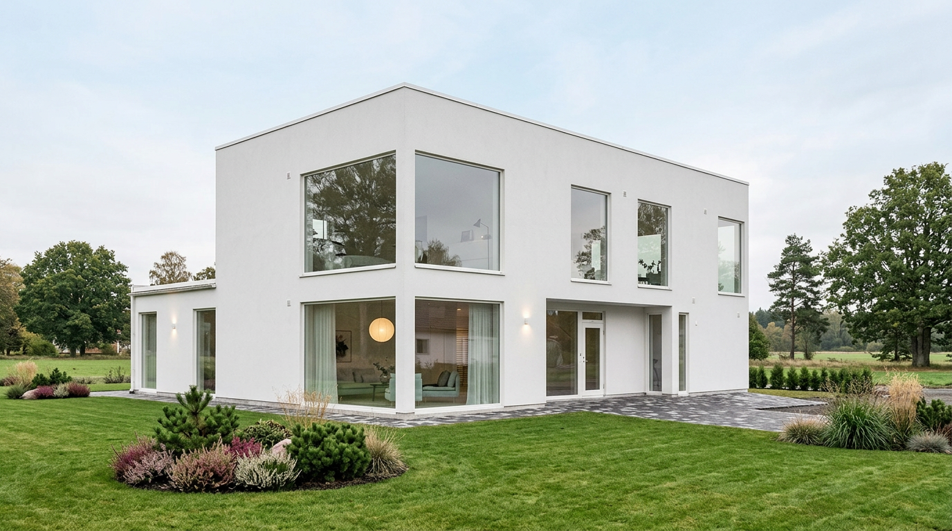 Modern vit putsfasad-villa med stora glaspartier